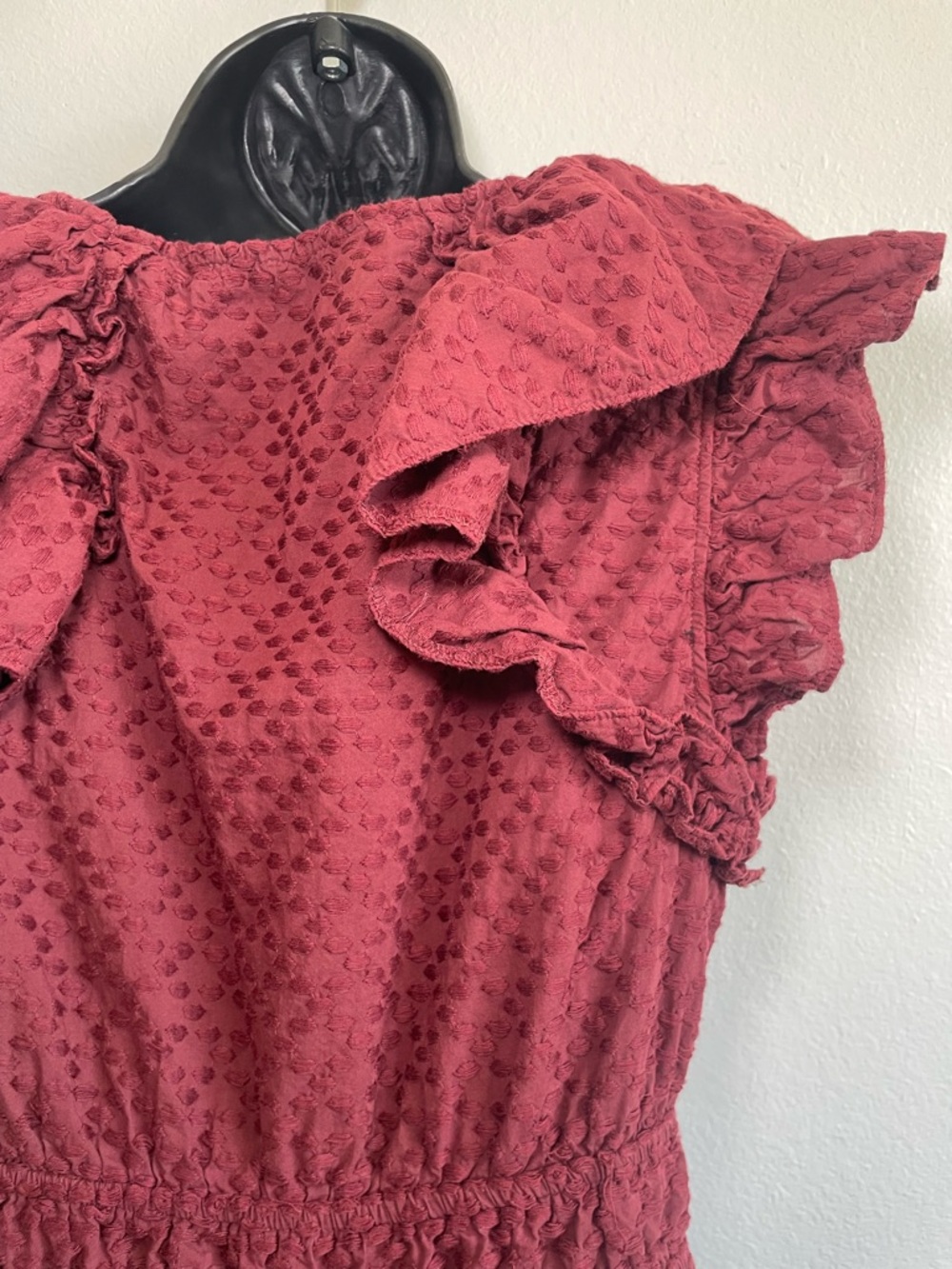 Chelsea & Violet Burgundy Swiss Dot Ruffle Midi Dress Size L (RUNS SMALL) - Picture 9 of 14